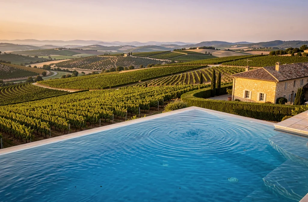 Piscine à débordement du Domaine de Fontenille à Lauris avec vue panoramique sur les vignes du Luberon