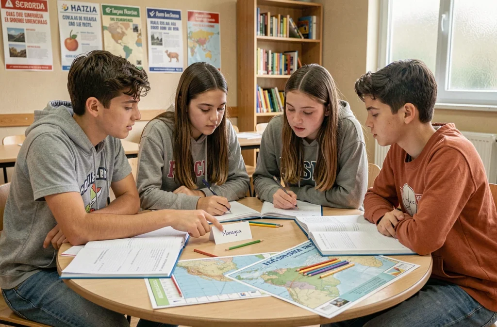 Groupe d'élèves apprenant les capitales d'Amérique centrale en cours d'espagnol avec des cartes et des flashcards