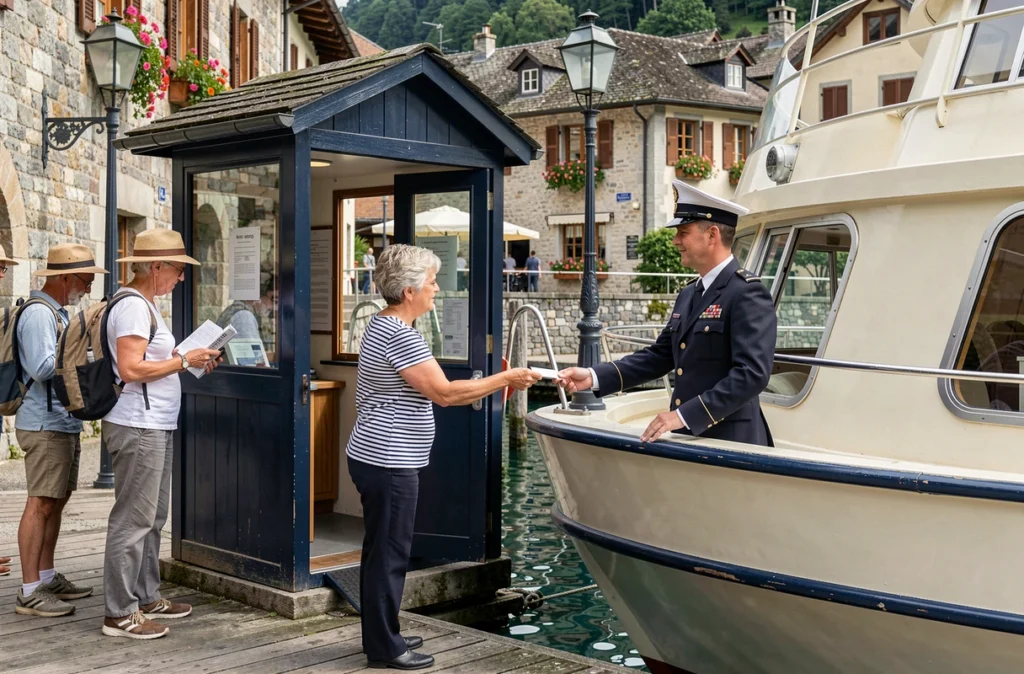 Embarquement des passagers sur un bateau de croisière au quai du lac d'Annecy