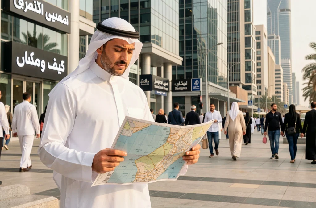 Homme émirati en tenue traditionnelle consultant une carte de la péninsule arabique dans une rue moderne de Dubaï