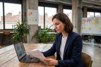 Jeune femme entrepreneur travaillant dans un espace de co-working moderne d'un incubateur à Lyon Part-Dieu