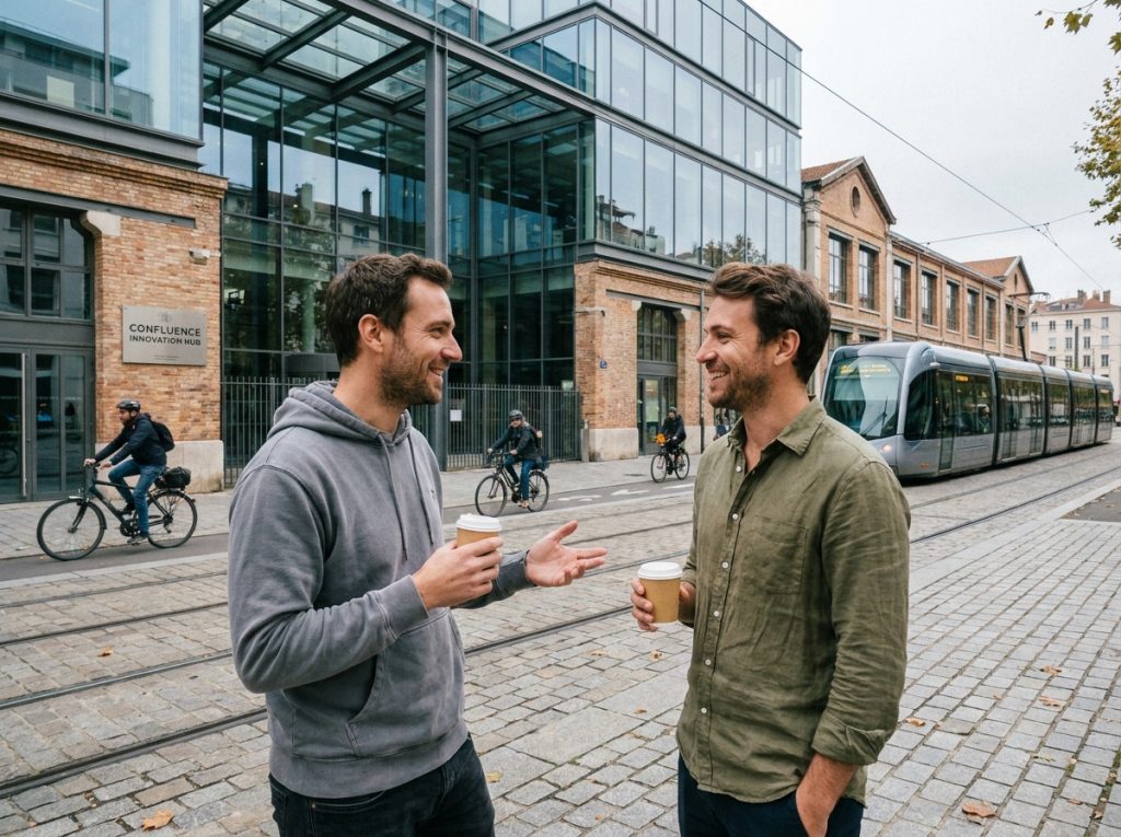 Deux entrepreneurs en discussion devant un bâtiment d'incubateur dans le quartier Confluence à Lyon