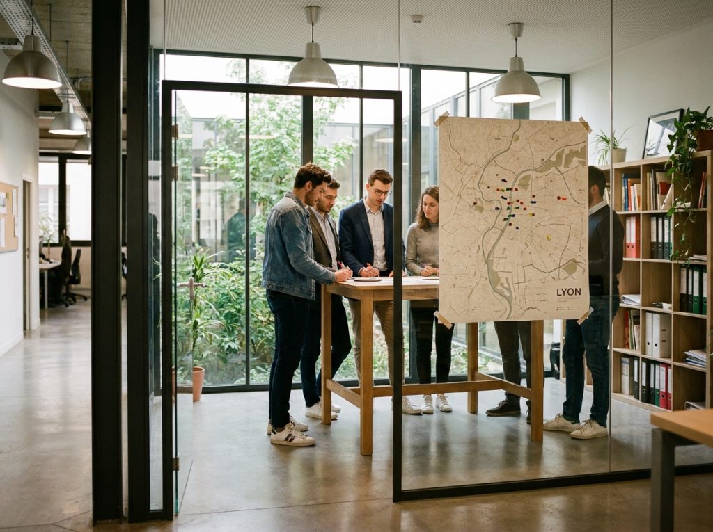 Équipe de jeunes professionnels étudiant une carte de Lyon dans une salle de réunion d'un incubateur de start-ups