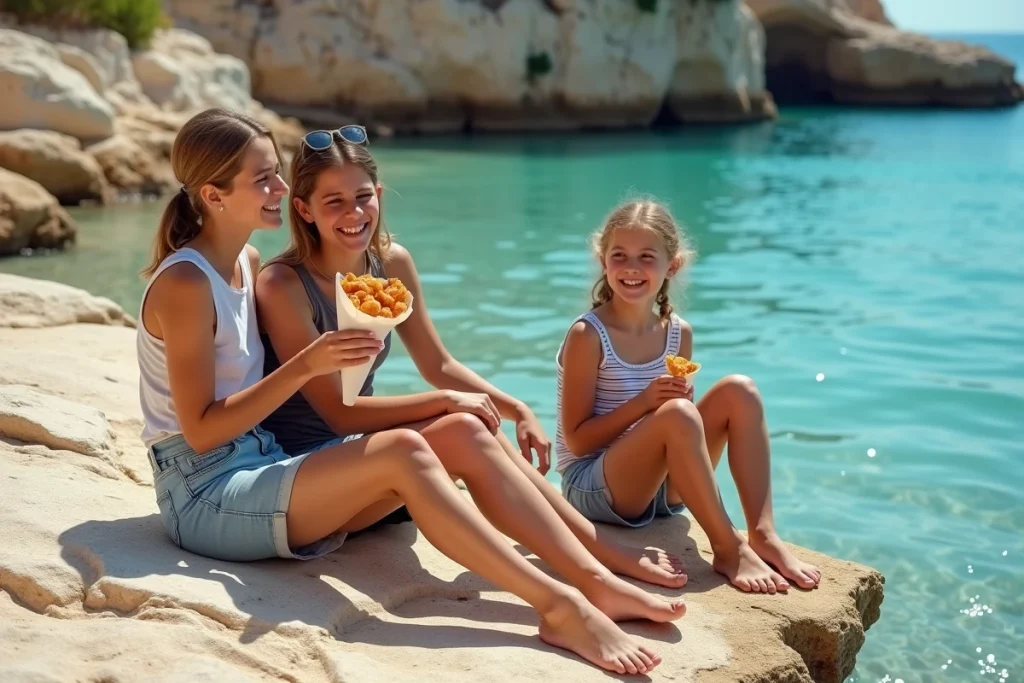 Mère et enfants au bord de la mer turquoise des Pouilles mangeant une collation locale