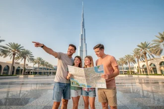 Famille avec une carte touristique devant le Burj Khalifa à Dubaï lors d'une visite organisée sans stress