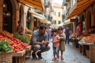 Père et enfants au marché local d'un village des Pouilles découvrant les produits régionaux