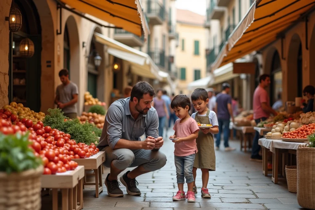 Père et enfants au marché local d'un village des Pouilles découvrant les produits régionaux