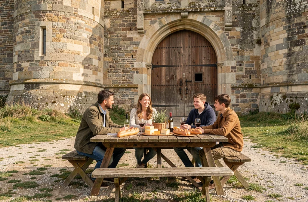 Famille en pique-nique devant l'entrée fortifiée d'un château fort français, profitant de vacances culturelles et gourmandes en 2026