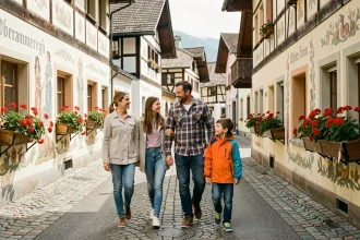 Famille en promenade dans les rues pittoresques d'Oberammergau en Bavière, admirant les façades peintes traditionnelles et les maisons à colombages