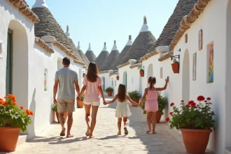 Famille avec enfants visitant les trulli d'Alberobello dans les Pouilles en Italie