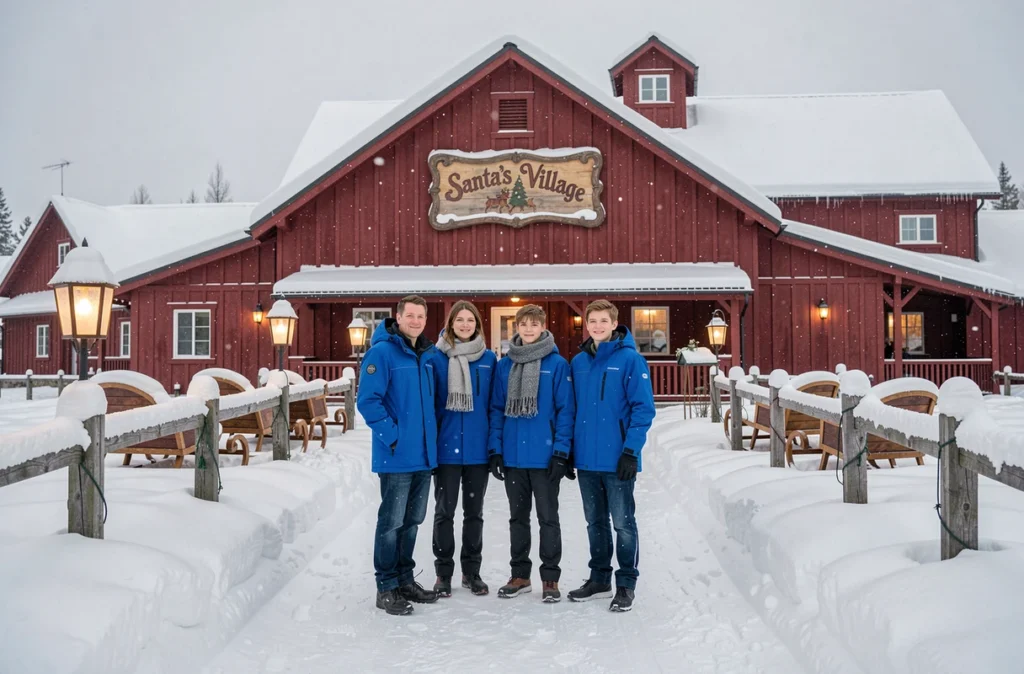 Famille devant le village du Père Noël en Laponie sous la neige tombante
