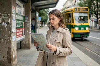Une femme consulte un plan des transports en commun devant un arrêt de tramway à Belgrade, Serbie