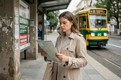 Une femme consulte un plan des transports en commun devant un arrêt de tramway à Belgrade, Serbie