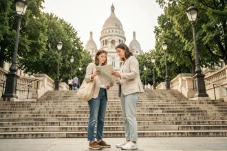 Femme consultant une carte papier au pied des escaliers du Sacré-Cœur à Montmartre lors d'un itinéraire de visite à pied