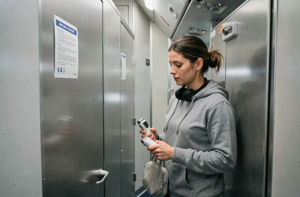Femme lisant un avis réglementaire dans le couloir d'un avion avec rasoir électrique à la main