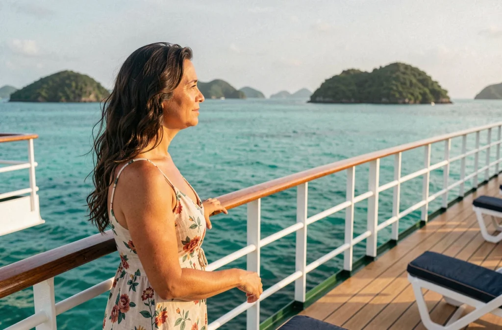 Femme en robe fleurie admirant la vue depuis le pont d'un bateau de croisière aux Caraïbes