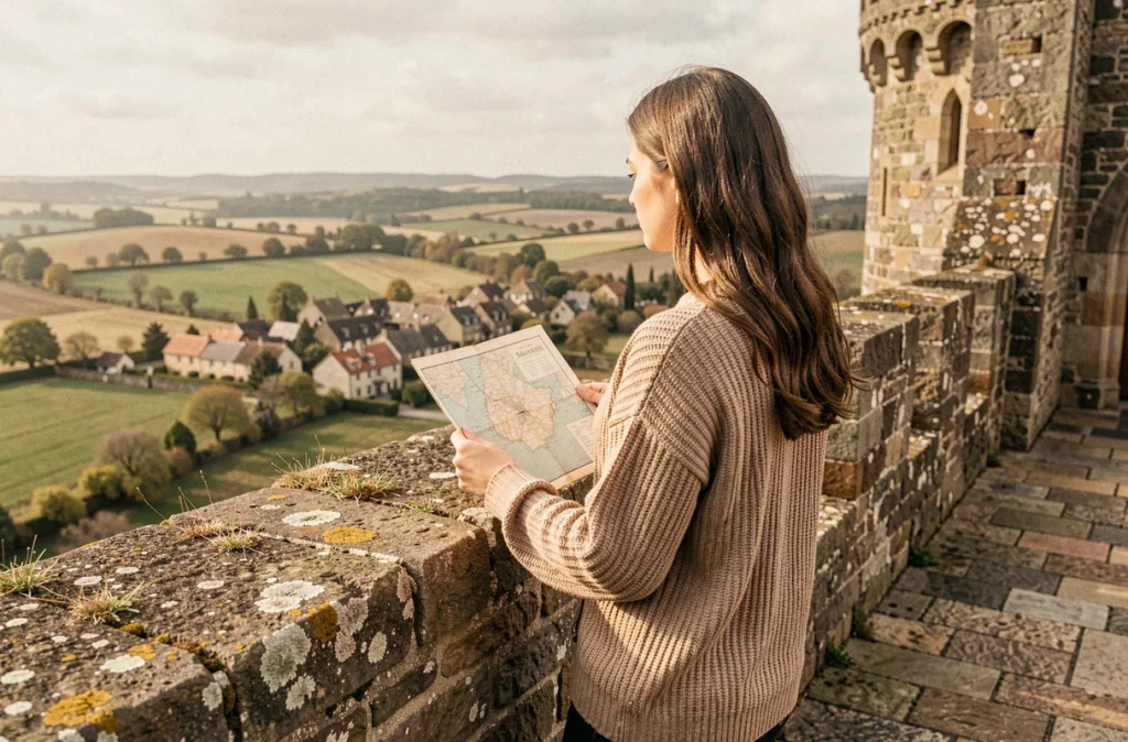 Jeune femme au sommet des remparts d'un château fort français contemplant la campagne et un village médiéval en contrebas