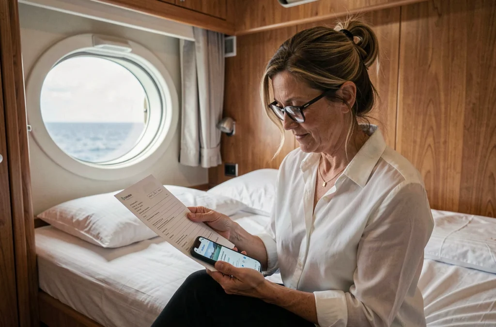 Femme vérifiant les documents de réservation d'une croisière économique dans une cabine de bateau