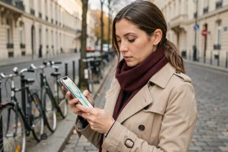 Femme en ville consultant un itinéraire sur son smartphone avec l'application Mappy