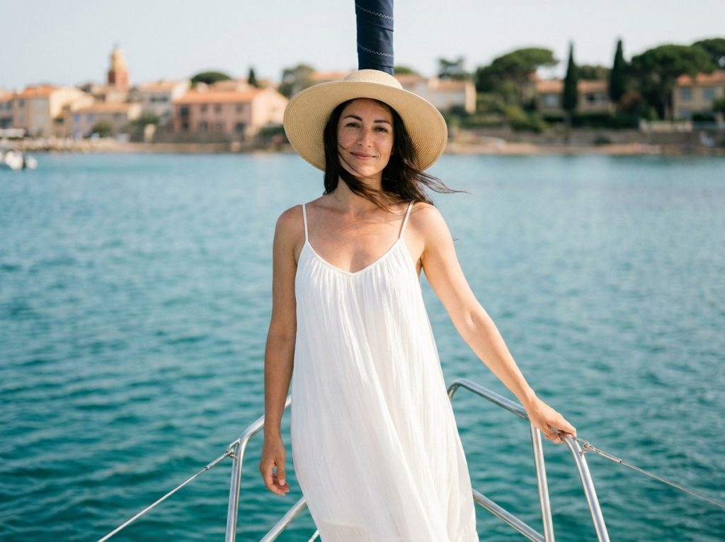 Femme en robe blanche à la proue d'un voilier naviguant sur la mer Méditerranée près de Saint-Tropez, chapeau de paille et paysage côtier provençal en arrière-plan
