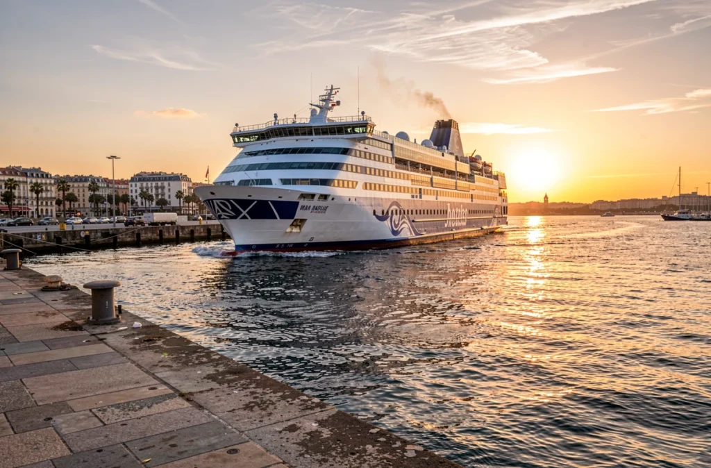 Ferry quittant le port de Marseille au coucher du soleil