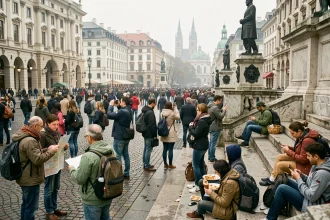 Foule de touristes internationaux dans une grande place emblématique d'une ville européenne, avec architecture baroque et pavés anciens