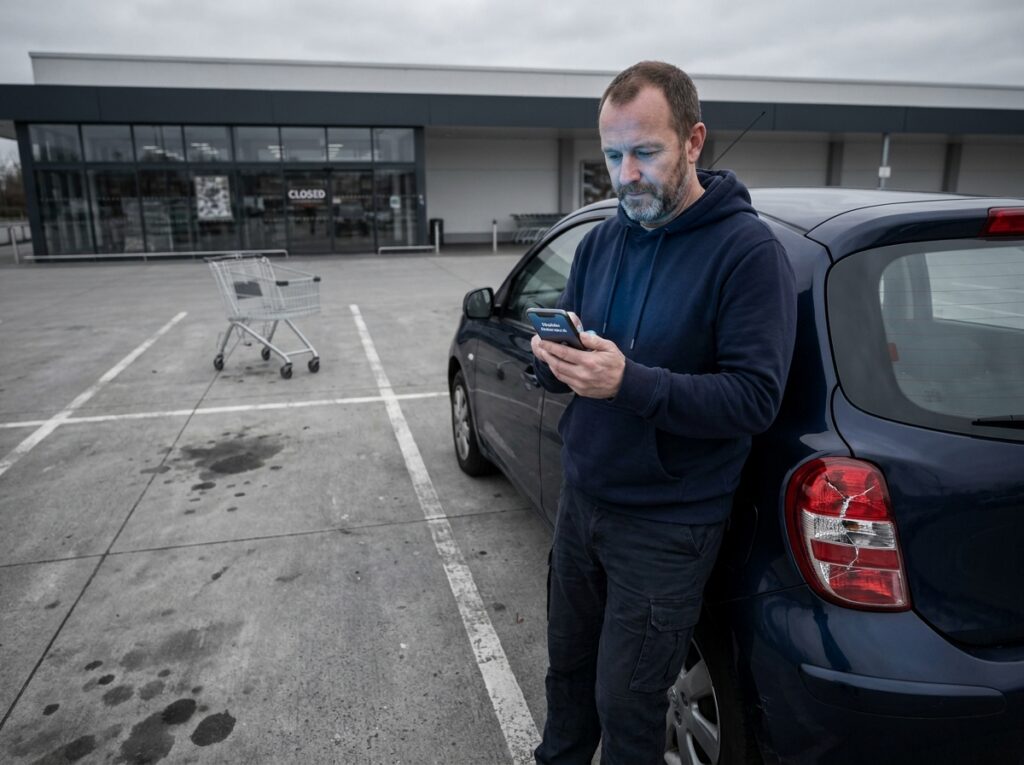 Homme gérant un sinistre automobile via une application mobile dans un parking vide le week-end