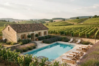 Vue panoramique d'un gîte avec piscine en Bourgogne-Franche-Comté entouré de vignes et de murs en pierre dorée