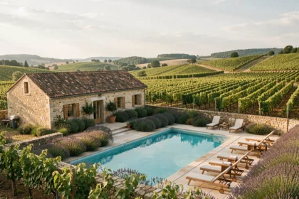 Vue panoramique d'un gîte avec piscine en Bourgogne-Franche-Comté entouré de vignes et de murs en pierre dorée