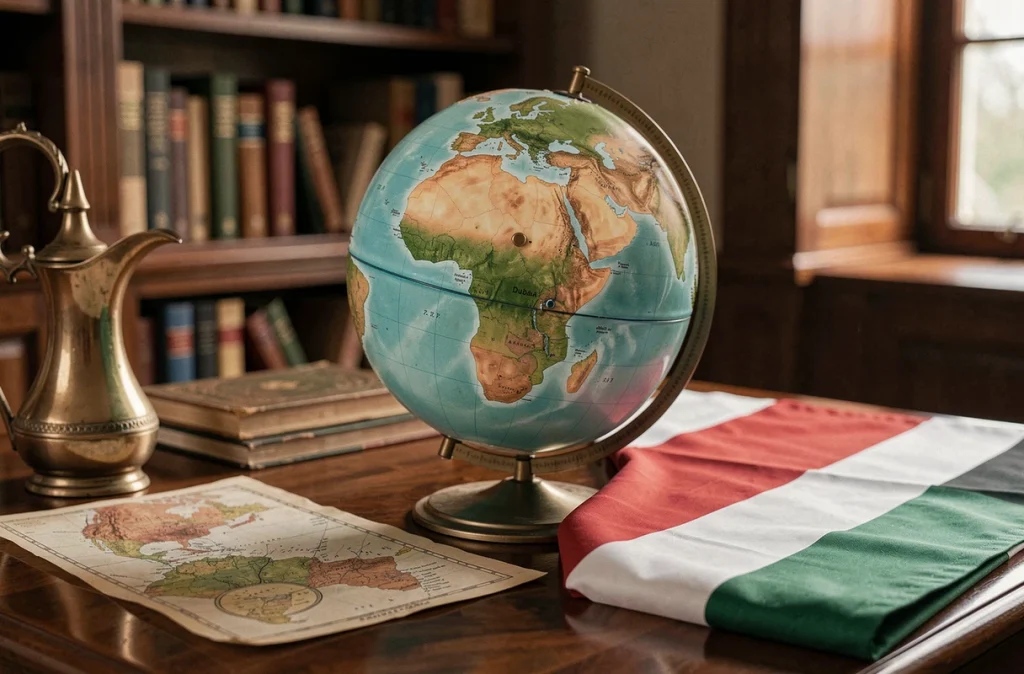 Globe géographique montrant la péninsule arabique avec l'emplacement de Dubaï et des Émirats arabes unis