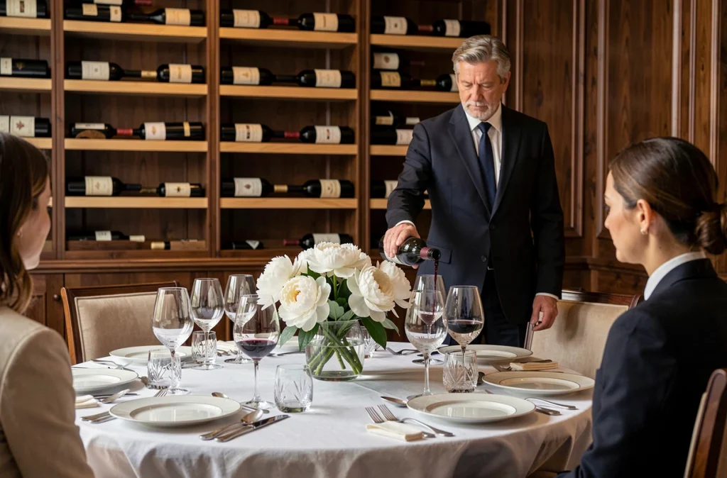 Salle de dégustation intime de La Grande Maison de Bernard Magrez avec table dressée en porcelaine fine et mur de bouteilles de grands crus bordelais