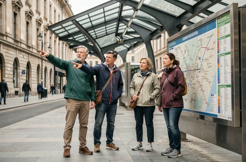 Groupe de touristes consultant un plan de métro à l'entrée d'une station dans une capitale mondiale très fréquentée