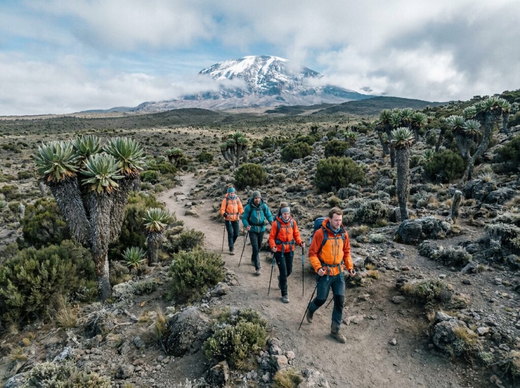 Groupe de trekkeurs progressant en altitude sur les sentiers du Kilimandjaro avec vue sur le sommet enneigé