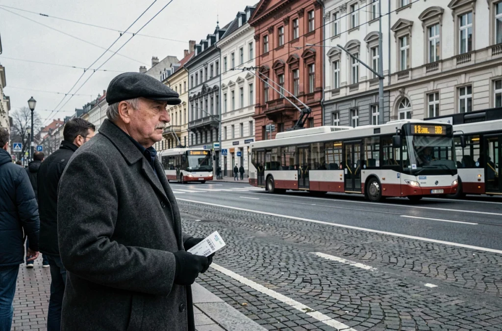 Un homme âgé attend un trolleybus dans une rue animée du centre-ville de Belgrade avec un ticket à la main