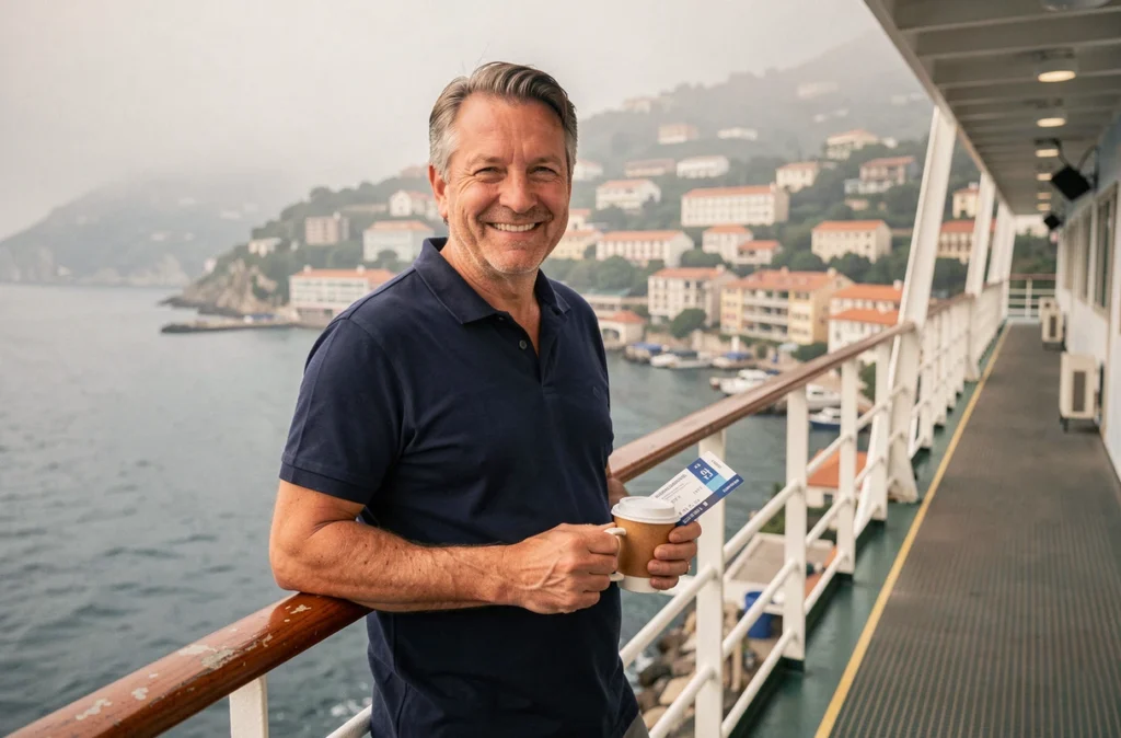 Homme souriant avec carte d'embarquement sur le pont d'un bateau de croisière avec vue sur un port