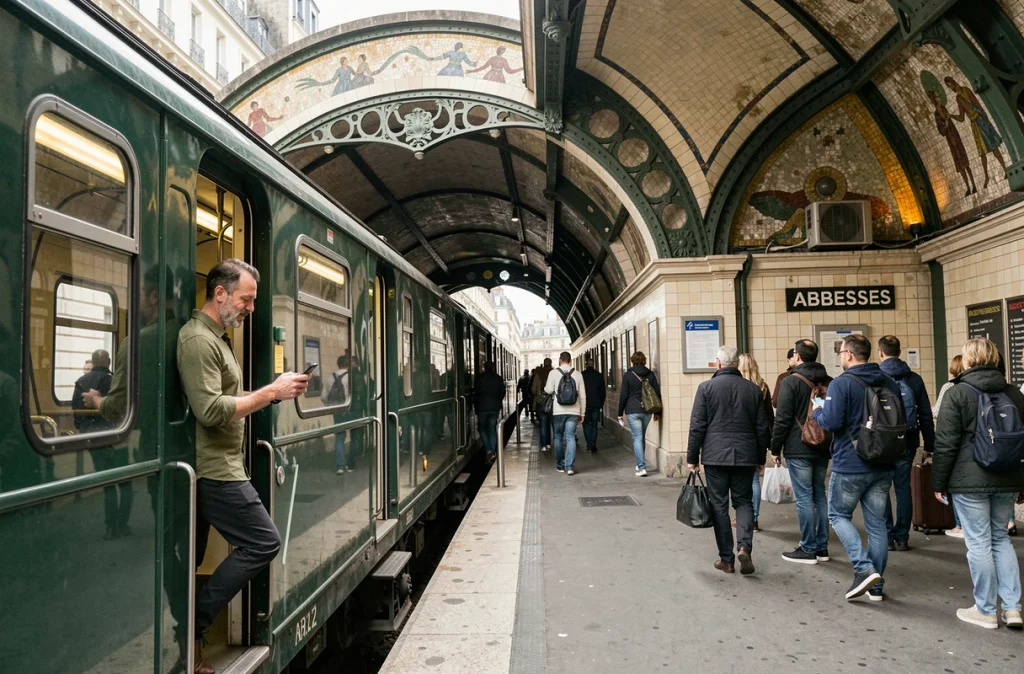 Homme sortant du métro à la station Abbesses à Montmartre pour explorer le quartier en transports en commun