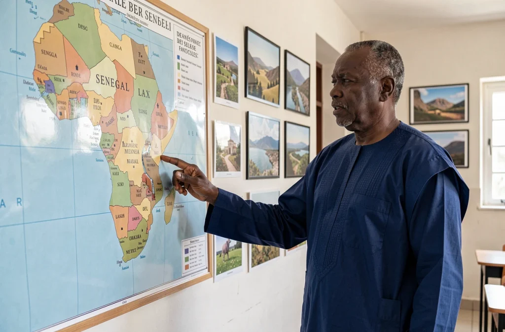 Homme sénégalais en boubou indigo montrant la position du Sénégal sur une carte de l'Afrique