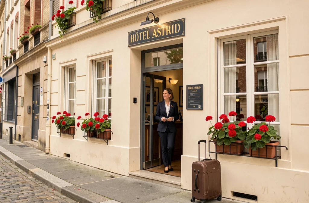 Façade de l'Hôtel Astrid à Caen avec une réceptionniste accueillant un client à l'entrée vitrée de l'établissement