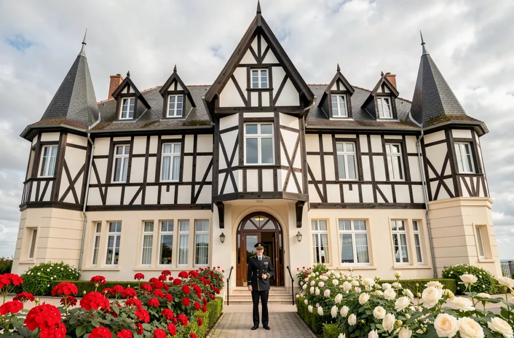Façade emblématique à colombages de l'Hôtel Barrière Le Normandy à Deauville avec son concierge en uniforme à l'entrée