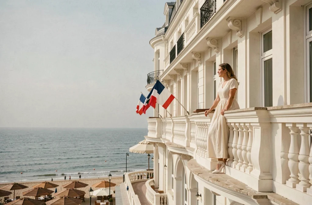 Façade art-déco de l'Hôtel Barrière Le Royal Deauville avec vue sur la plage et ses parasols en bois emblématiques