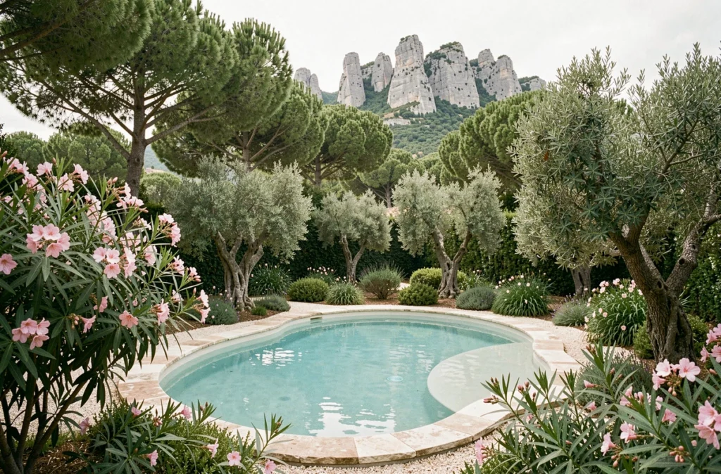 Piscine de l'Hôtel de la Benvengudo aux Baux-de-Provence, nichée dans un jardin provençal avec les rochers des Baux en arrière-plan