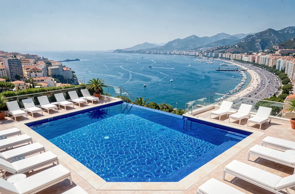 Piscine sur le toit de l'Hôtel La Pérouse à Nice avec vue panoramique sur la Baie des Anges et la Promenade des Anglais