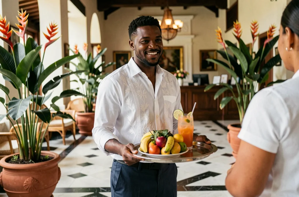 Concierge d'hôtel de luxe en Guadeloupe présentant un plateau de bienvenue dans un lobby colonial élégant