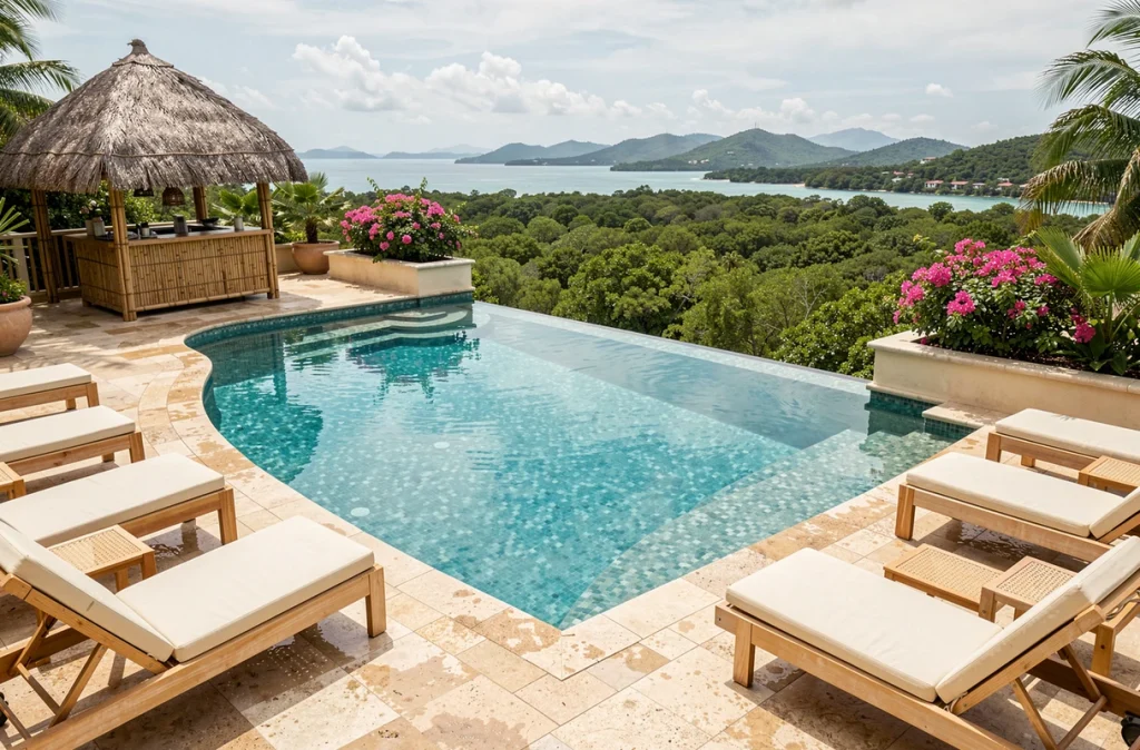 Piscine à débordement d'un hôtel de luxe en Guadeloupe avec vue panoramique sur la mer des Caraïbes