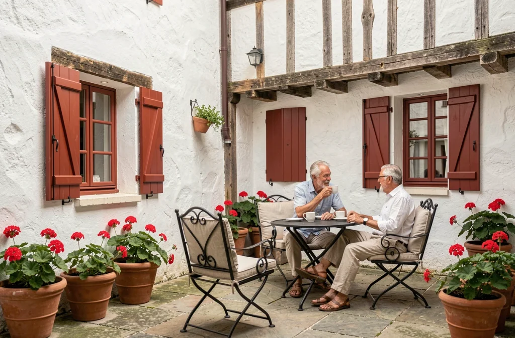 Cour intérieure de l'Hôtel OstÒria BW Signature Collection dans le style basque avec volets rouges, géraniums en pots et mobilier en fer forgé