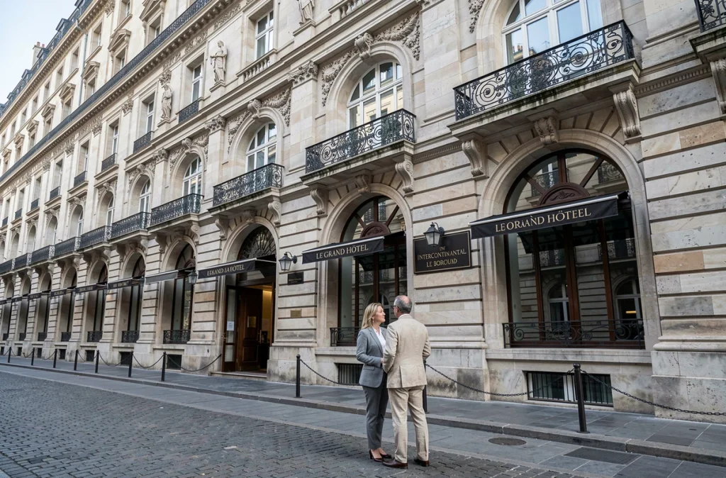 Façade néoclassique de l'InterContinental Bordeaux Le Grand Hôtel sur la Place de la Comédie avec ses balcons en fer forgé et sa pierre ornementée