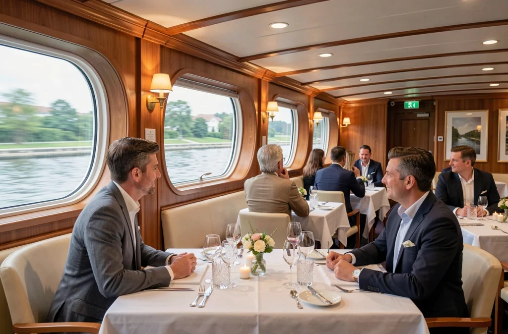Salle à manger élégante à l'intérieur d'un bateau de croisière fluviale sur le Danube