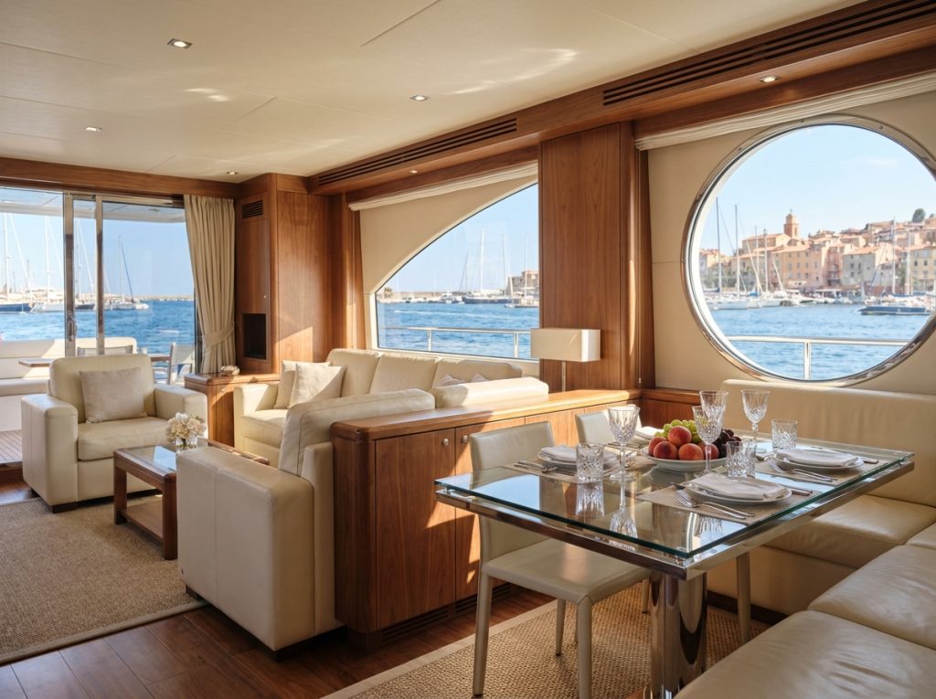 Intérieur élégant du salon d'un yacht de charter avec vue sur la marina de la Côte d'Azur, décoration nautique haut de gamme et mobilier raffiné