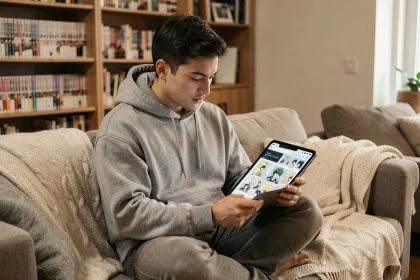 Jeune homme lisant un manga boylove sur une tablette dans un appartement cosy, application Zinchan ouverte