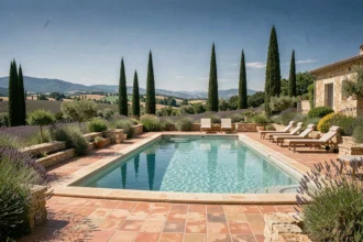 Piscine privée avec vue sur les collines de Provence-Alpes-Côte d'Azur, entourée de lavande et de pierres dorées